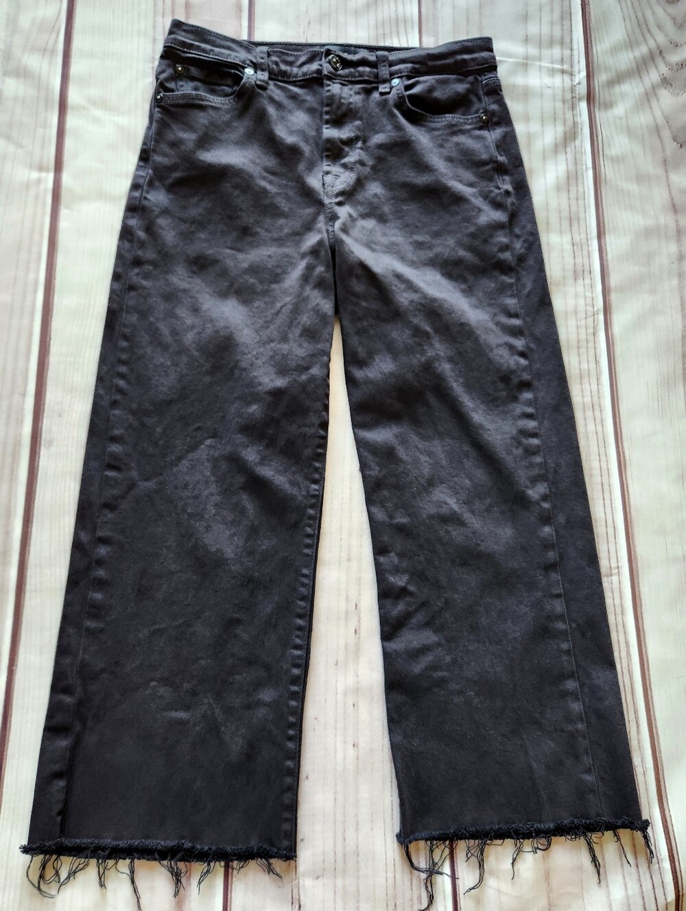 7 For All Mankind "Cropped Alexa Black Raw Cut" High Rise Jean | Women's Size 29 - Picture 5 of 14